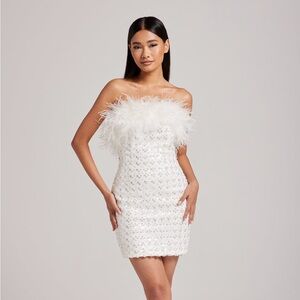 Nadine Merabi Harlow Dress White Fitted Sequin Strapless Dress with Feathers